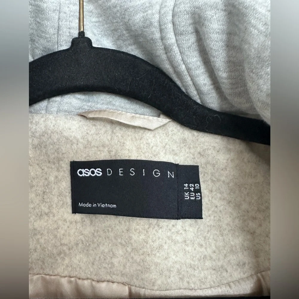 ASOS DESIGN wool look overcoat in tan with grey jersey hood - Picture 5 of 5